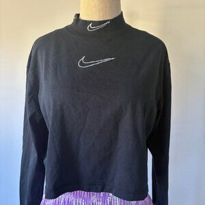 Nike Embellished Black Mock Neck Loose Fit Long Sleeve Crop Top